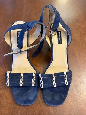 Nine West Navy Suede Open-Toe Strappy Block Heel Sandals